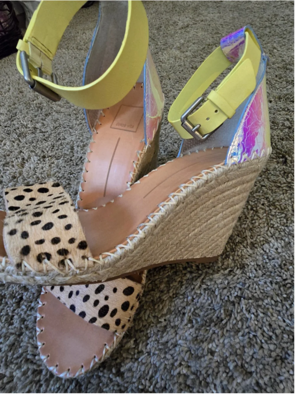 Rare Dolce Vita Leopard Print Espadrille Wedges Yellow Strap Leopard Holographic